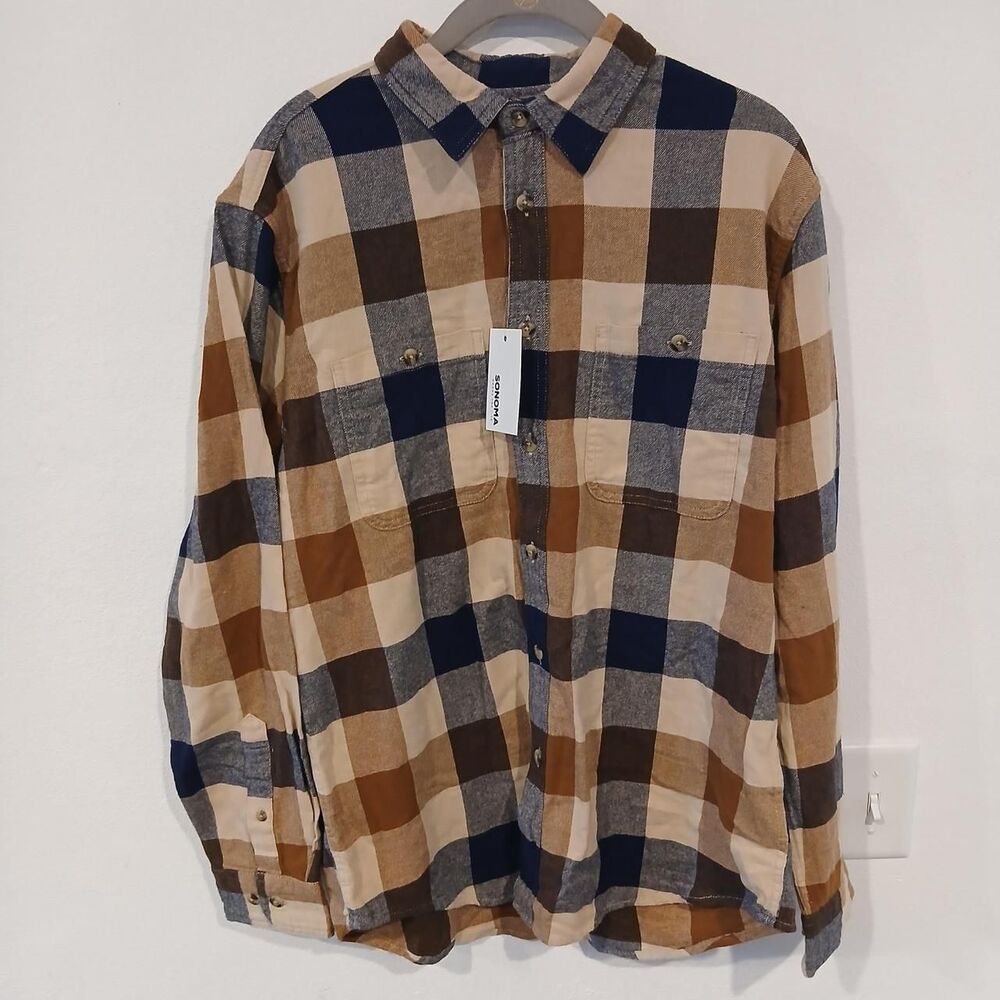 Sonoma Men's Plaid Button Up Flannel Shirt Size Medium Fall Autumn